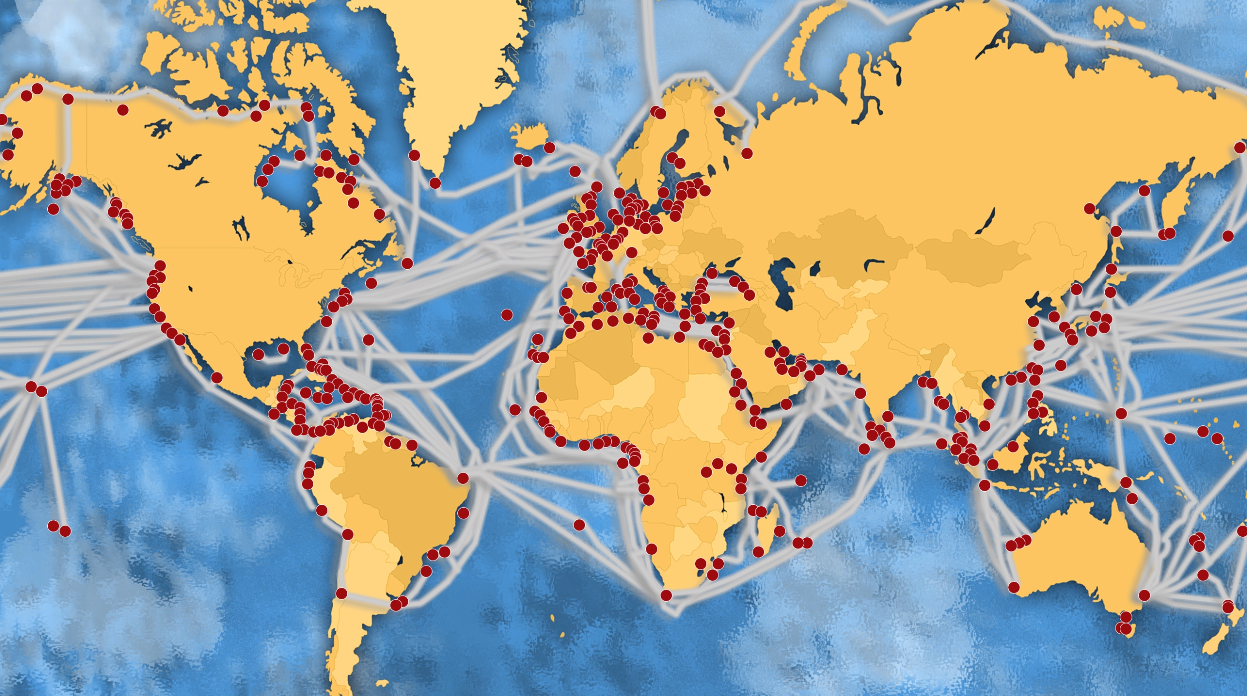 Weltkarte mit Verbindungen der Interkontinentalen Tiefseekabelverbindungen